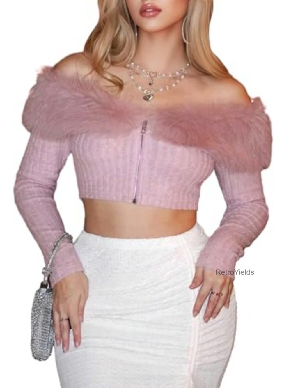 Faux Fur Off Shoulder Crop Coat Long Sleeve Zip Front Slim Fit